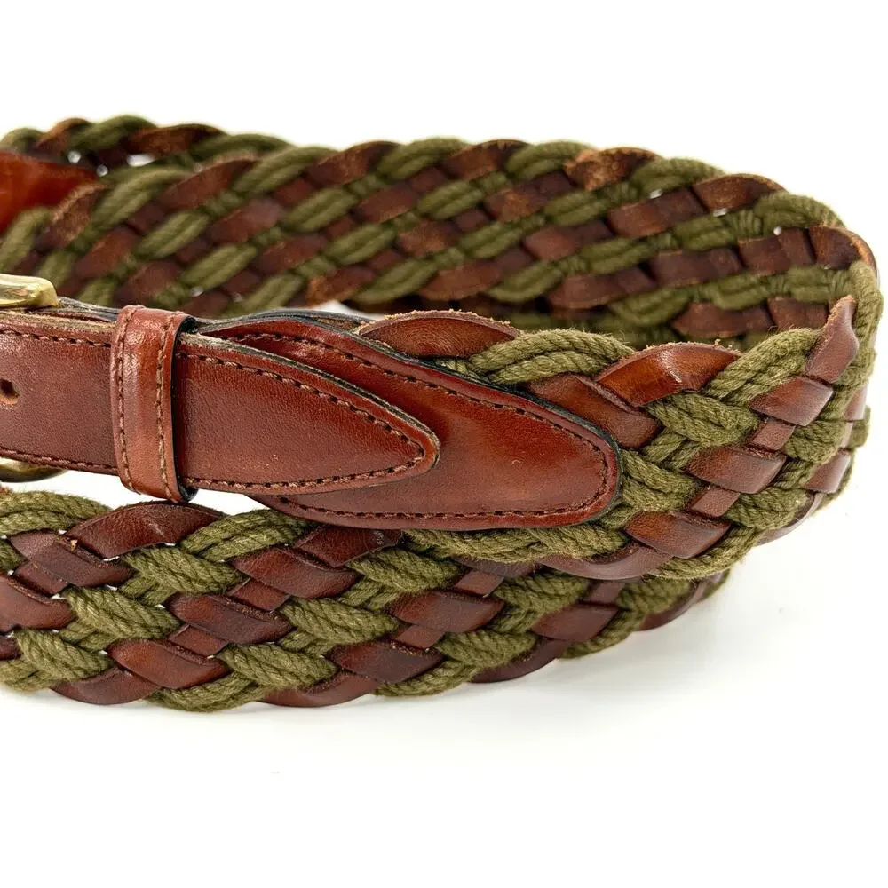 Vintage 90s Tuttle Golf Collection Brown Leather Green Cord Woven Belt